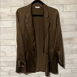 100% Silk Chocolate Brown Double-Breasted Women's Blazer Silk Laundry Sz Small